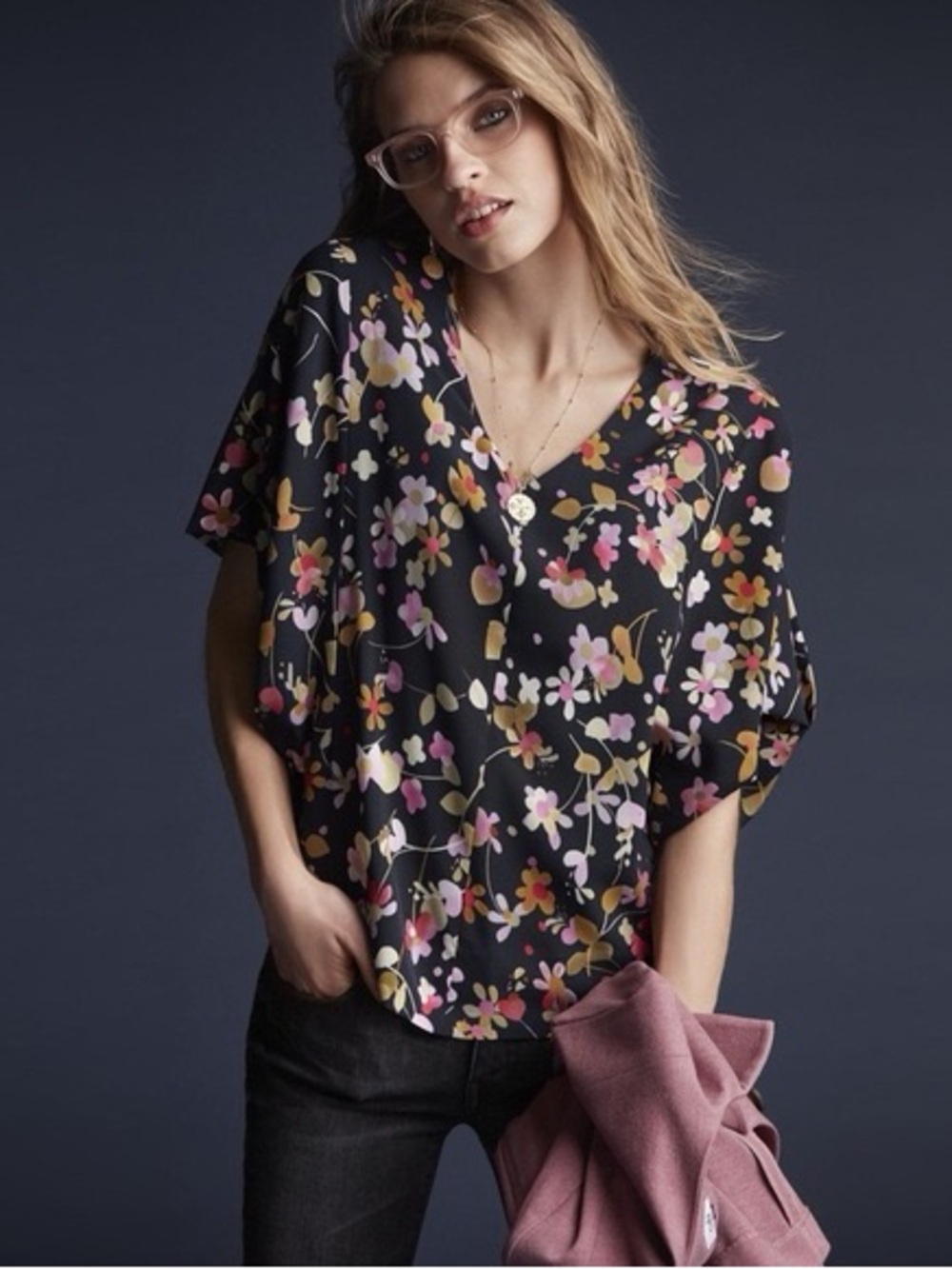 CAbi | Charm Black Floral V-Neck Blouse with Pink & Green Accents